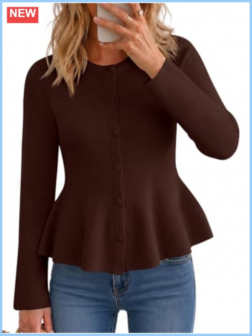 Ruffle Hem Peplum Cardigan Button Down Knit Sweater
